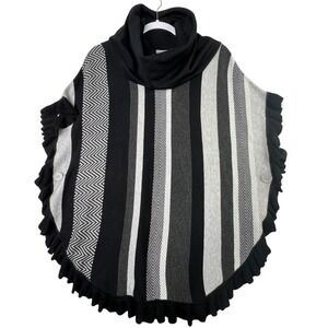 Joseph A Poncho Women M Black Stripe Cowl Neck Ruffle Trim Knit Wrap Rayon